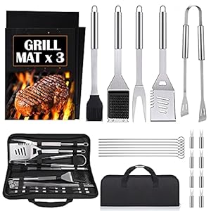 Barbecuebestek, 24 stuks grillaccessoires, grillset, grillbestek, gereedschapsset van roestvrij staal, grillset, barbecue, accessoires, barbecue, roestvrij staal, grillkoffer, grillbestek, set met grillmat voor outdoor, tuin en camping
