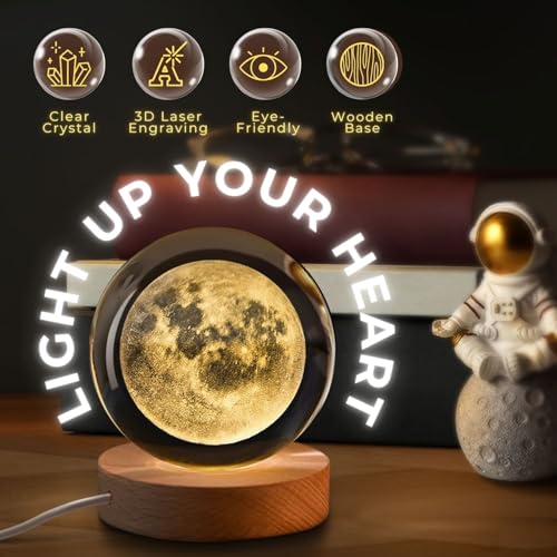 Flexzion 3D Moon Crystal Ball Night Light - LED Light Hologram Glass Lamp with Solid Wood Base, USB Powered Crystal Ball Lamp with Adjustable Brightness for Home Decor Display Gift, 2.4inch(60mm) - Image 4