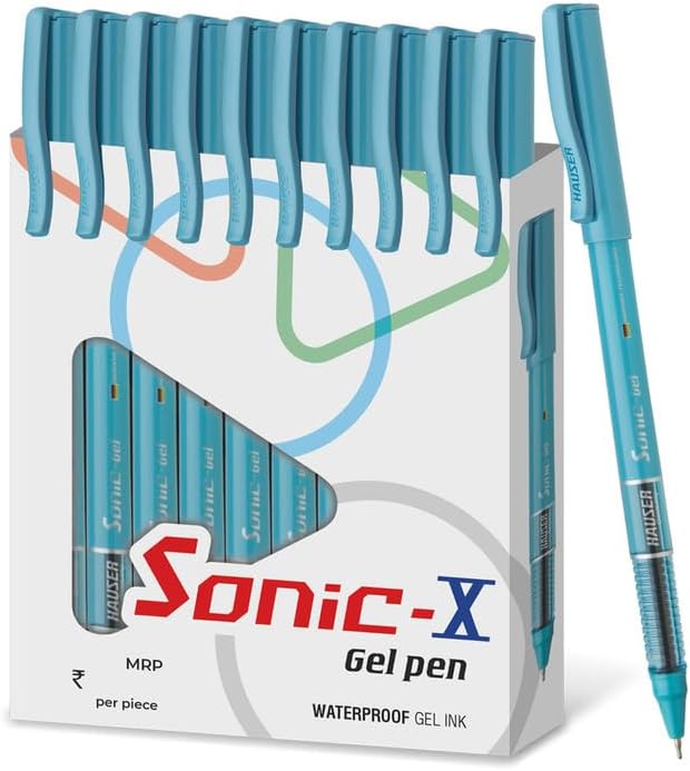 Hauser Sonic X Gel Pen Card Pack | Water Proof Ink For Smooth Flow System | Comfortable Grip With Smudge Free Writing | Sturdy Refillable Pen | Blue Ink, Set Of 10 Pens