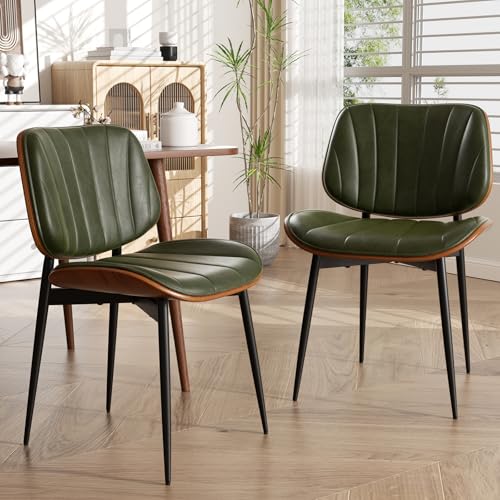 choairy Dining Chairs Set of 2, Mid Century Modern Dining Room Chair, Upholstered Faux Leather Kitchen Chairs with Walnut Bentwood Back and Metal Legs for Kitchen Dining Living Room, Green