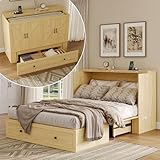 LIVAUVEAD Full Size Murphy Bed with Charging Station, Wall-Mounted Hideaway Bed with Foldable Panel for Home Office, Small Rooms, Guest Bedrooms, Living Rooms, Natural