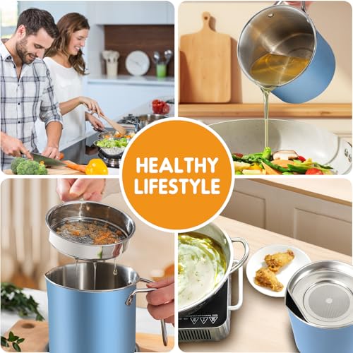 Image of Chihee Grease Container Stainless Steel Bacon Grease Saver with Fine Mesh Strainer 2L / 67.6 fl oz Cooking Oil Keeper Stoarge Can with Dust-proof Lid Non-slip Tray for Kitchen Frying