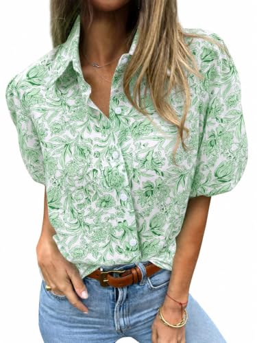 Image of Tankaneo Womens Button Down Shirts Puff Sleeve Tops Summer Cotton Blouses | Loose Fit, Boxy, Dressy Casual, Collared, Short Sleeve, Solid Color, Striped, Plaid, Polka Dots