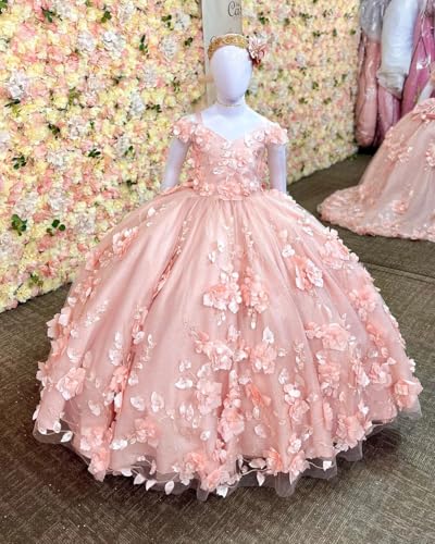 Mouccy Princess 3D Floral Flower Girls Dresses with Bow Cold Shoulder Kids Ball Gown Beaded Puffy First Communion Dresses3