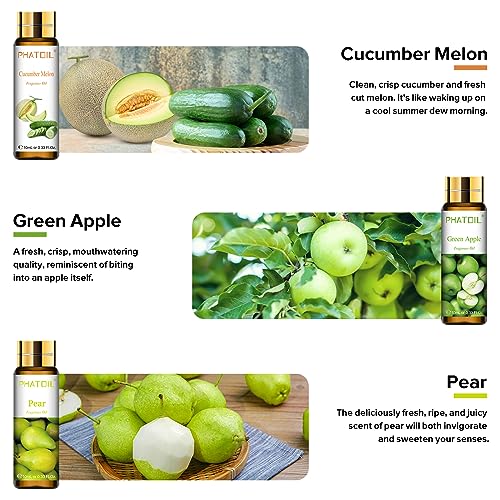 Phatoil PH0726-5525F 9Pcs Fruit Fragrance Oil Set For Soap Making Diffusers, 10Ml/0.33Fl.Oz Cucumber Melon, Coconut & Vanilla, Peach, Pear, Green Apple, Blueberry, Apple, Fig, Lemon Fragrance Oil Essential Oils thumb #2