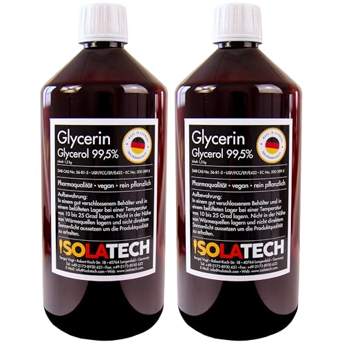 ISOLATECH Glicerina 99,5% 2 litros calidad farmacéutica made in Germany, medida 99,98% vegetal pura, glicerina glicerol (contenido 2 x 1,2kg)