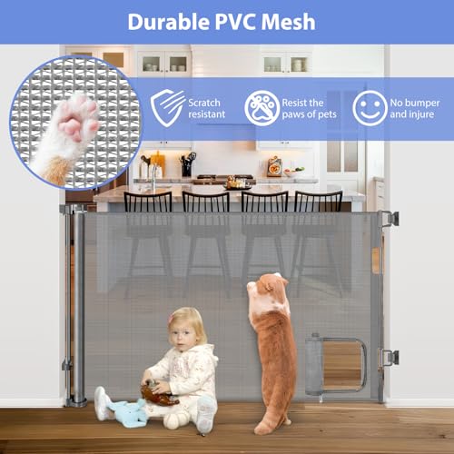 Retractable Dog Gate with Cat Door 55" Wide Retractable Pet Gate with Cat Door Mesh Dog Gate Retractable Baby Gates for Doorway Retractable Puppy Gate for The House Retractable Outdoor Gate for Deck - Image 4
