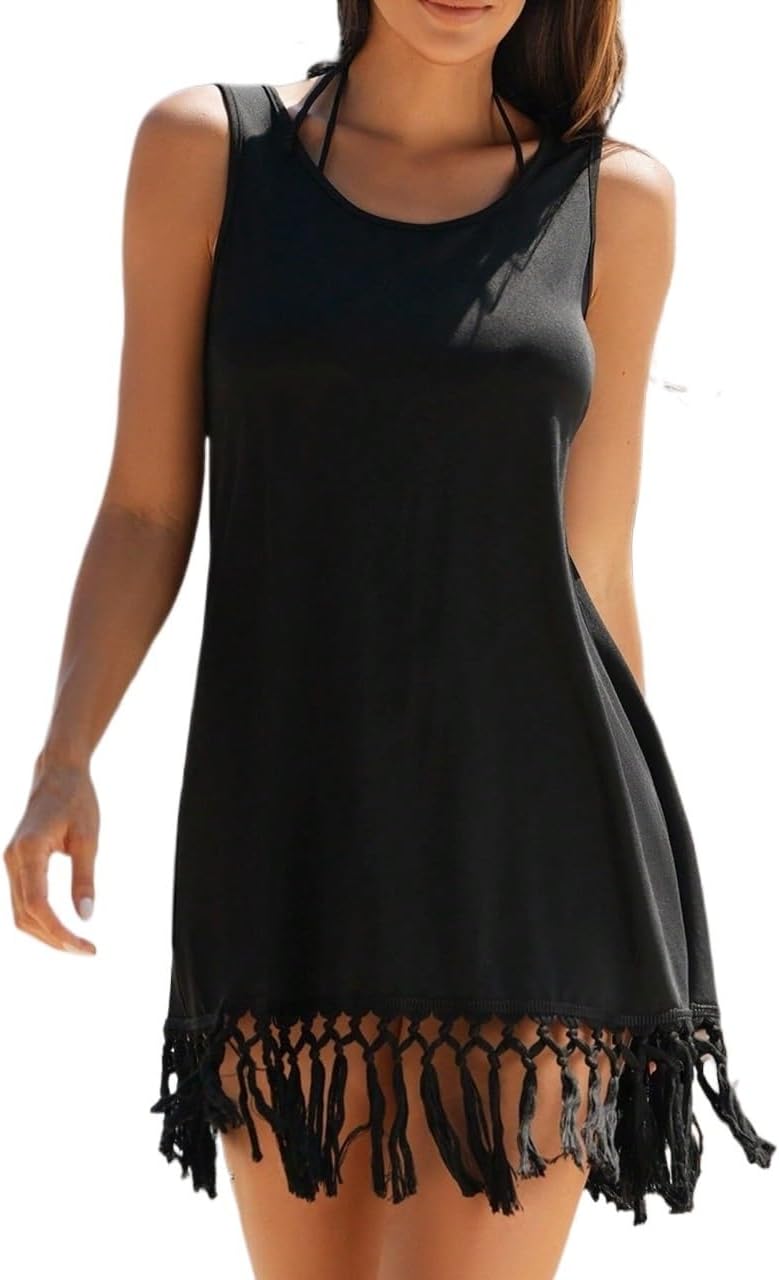 Women's Solid Color Hem Sleeveless Cover-Up Dress For Summer cover ups for swimwear