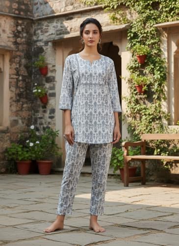 Image of 9shines Label Pure Cotton Printed Women Top & Pyjama Set | Pyjama co-ord Set | Night Suit | Lounge wear for Home | Nightwear Set for Women | Night Dress for Women Stylish (COPJ-5)