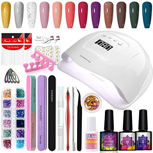 Gel Nail Polish Kit Phoenixy 12 Colors Gel Polish Kit with 80W U V LED Nail Lamp Beginner Starter Kit with Manicure Tools Christmas Gifts for Women
