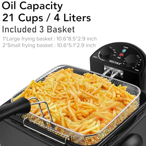 Secura 1700-Watt Stainless-Steel Triple Basket Electric Deep Fryer with Timer Free Extra Odor Filter, 4L/17-Cup, Black - Image 4