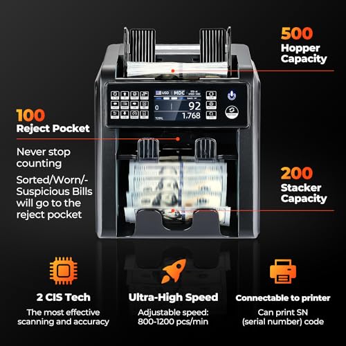 Image of MUNBYN IMC08 Dual Money Counter Machine Mixed Denomination with Reject Pocket, Value Counting, Counterfeit Detection 2 CIS /UV /MG /IR, Sort&Print Enabled Cash Counter, Mixed Bill Counter (Black)