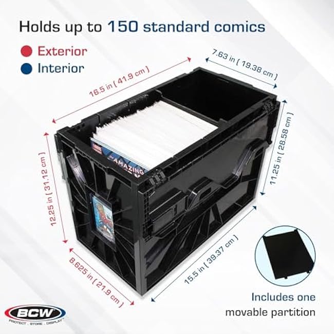 BCW Short Comic Book Bin | Holds 150 Comics | Stackable Plastic Storage | Acid-Free Organizer | Black, 2 Pack | Comic Book Bin