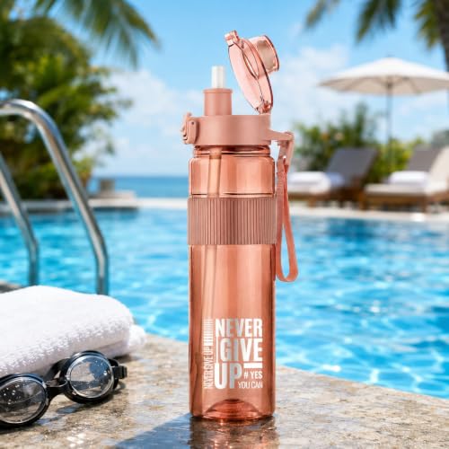 Image of Sports Water Bottle with Straw & Carry Strap | Leakproof BPA-Free Gym Bottle | Flip Lock Lid | MOTIVATIONAL NEVER GIVE UP BOTTLE | Office, School, Gym & Travel (Peach)