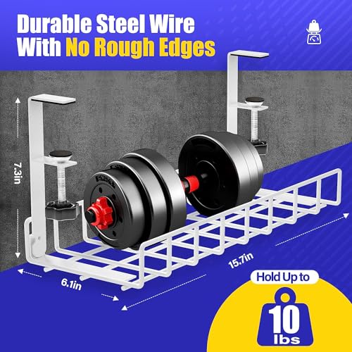Image of Under Desk Cable Management Tray, White, No Drill No Screws, Wire Management, Computer Cable Rack, Office, Home - 7.3 Inches L x 6.1 Inches W x 18.5 Centimeters H