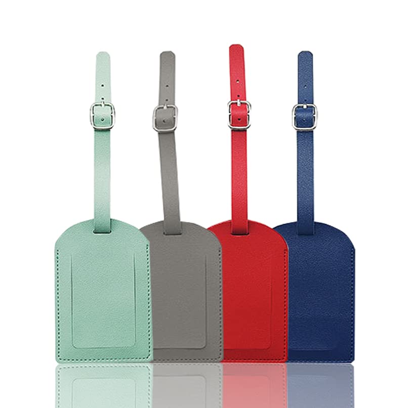 Luggage Tags, 4 PCS PU Leather Luggage Tags Set Travel Bag Labels Suitcase Tags with Adjustable Strap Privacy Cover Travel Accessories Airplane Name ID Tag