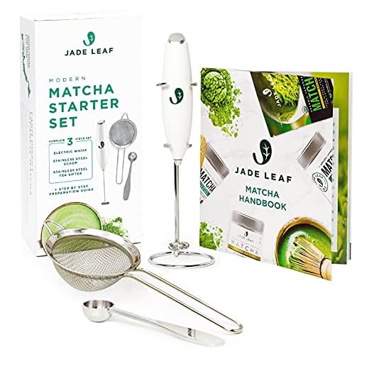 JADE LEAF Modern Matcha Starter Set - Electric Whisk Frother, Stainless Steel Spoon, Stainless Steel Sifter, Printed Handbook