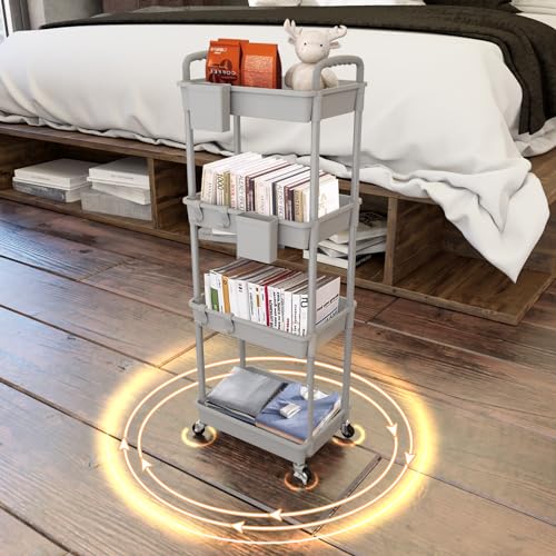 Image of 4 Tier Rolling Utility Cart with Handle,REBECAT Utility Cart Made of Multifunctional Storage Organizer Tool for Kitchen,Bathroom,Living Room,Office(Gray)