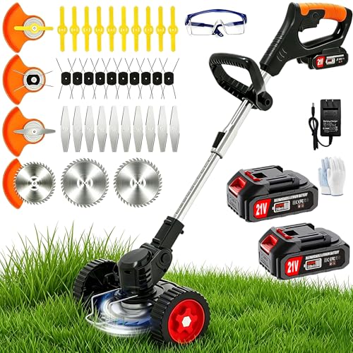 Cordless Weed Wacker Electric Weed Eater Battery Powered Lightweight Stringless Weed Trimmer 4 in 1 Grass Trimmer/Brush Cutter/Lawn Edger/Lawn Mower No String Trimmer Battery Operated for Garden Yard