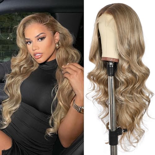 SOMIARIK 13x4 Hightlight Ash Blonde long wavy lace front wig for Women Pre-plucked With Baby Hair Middle Part Ombre Ash Blonde Wig Long Heat Resistant Hair Synthetic Wigs for Daily Party Wig 26 Inch