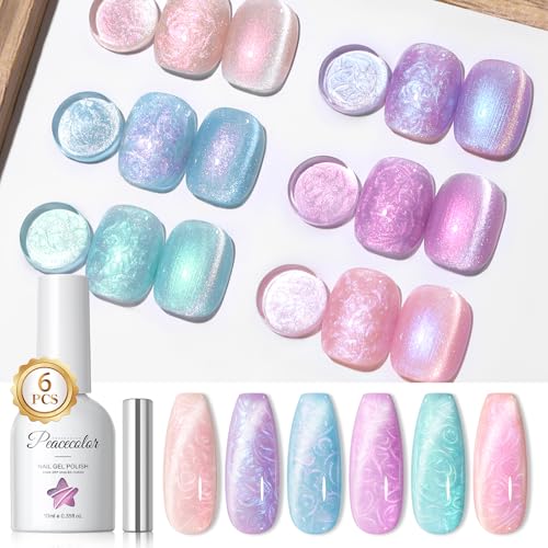 PEACECOLOR Pintauñas Semipermanentes 10ML, 6 Colores Rosa Morado Azul Esmaltes Semipermanentes con Imán Efecto Perlado Cat Eye Gel Polish Nail Art Set Manicura Regalos para Mujeres
