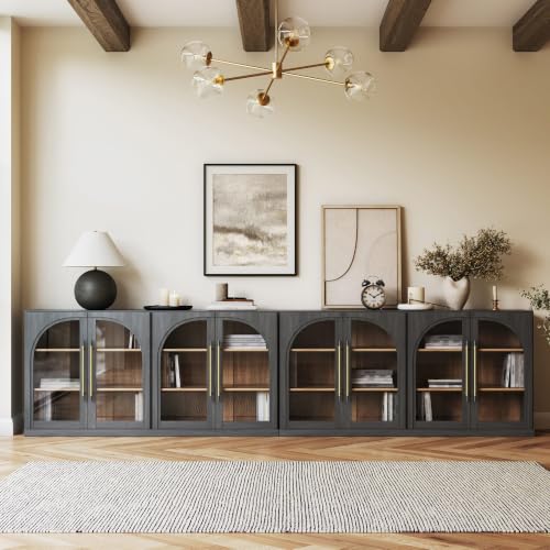 Image of BELLEZE 2-Piece 65 inch Arched Sideboard with Glass Door, Accent Buffet Cabinet with Storage and Adjustable Shelves, Classic Modern Large Console for Living Room Kitchen Entryway (Ebony)