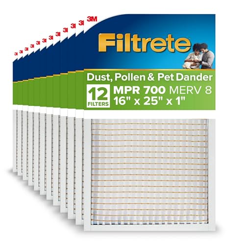 Filtrete 16x25x1 AC Furnace Air Filter MPR 700 MERV 8 Tough on Pollen Easy on Airflow 3-Month Pleated 1-Inch Electrostatic Air Cleaning Filter 12-Pack (Actual Size 15.68 x 24.56 x 0.78 in)