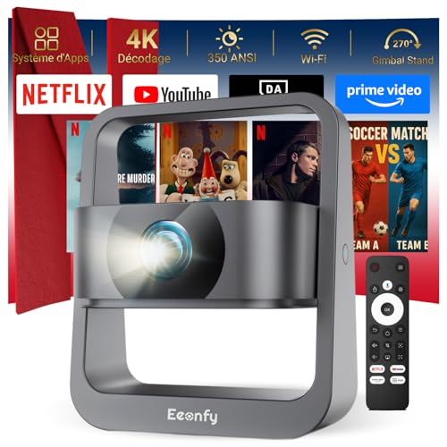 Eeenfy Mini Vidéoprojecteur Portable, Smart Projecteur Home Cinéma avec App Intégrée, 1080P, 350ANSI, E-Focus/Keystone, Rétroprojecteur Portatif WiFi Bluetooth pour Smartphone/Extérieur, Gris Foncé