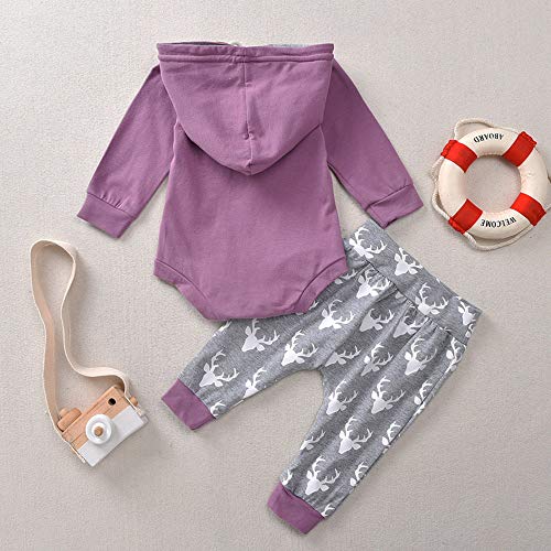 Calsunbaby Newborn Baby Boy Girl Long Sleeve Deer Romper Pullover Hooded Tops Pants 2Pcs Sweatshirt Outfits Set (Purple, 6-12 Months) #TOP6