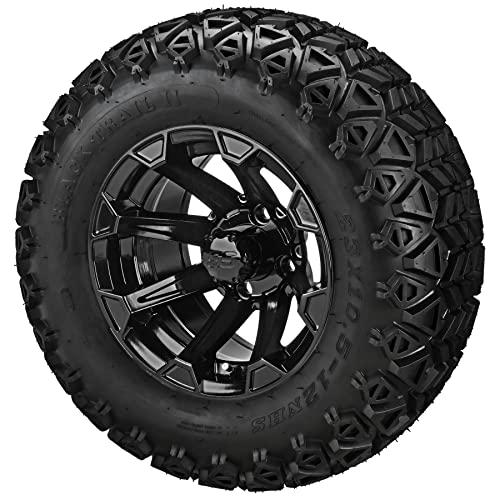 RM Cart 12" Viking Gloss Black on 23x10.50-12 Black Trail II Tires (Set of 4) | Golf Cart Tires and Wheels Combo with Standard Lug Nuts