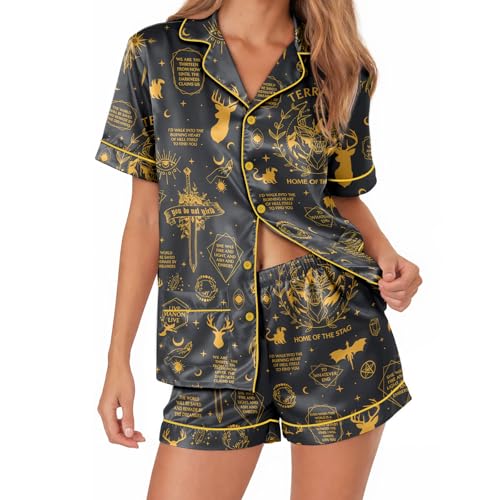 Image of Women's satin pajamas set, Short-sleeve button down Loungewear | Exclusive print on soft satin fabric; breathable comfort for sleep or lounge; button front top, elastic shorts; easy care