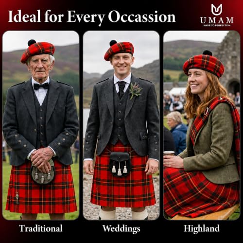 Image of Scottish Tam O' Shanter Hat Tartan Bonnet Pom Pom Wool Flat Cap One Size