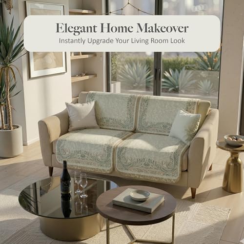 Image of Kuber Industries 2+1 Seater Sofa Cover | Velvet Slipcover for Living Room | Thick & Cozy | Non-Slip Comfort Sofa Cover Set | Digital Painting Juliet 1186 - Beige & Green