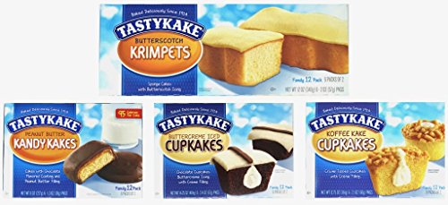 TastyKake Variety Pack! One box (12 count) each of: Tastykake Butterscotch Krimpets, Peanut Butter Candy Cakes, Cream Filled Coffee Cakes and Chocolate Cupcakes with Buttercream Icing!