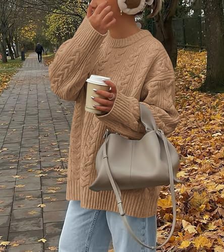 Okiwam Women's Oversized Sweaters Crewneck Cable Knit Pullover Casual Loose Fall Outfits Fashion Clothes 2025