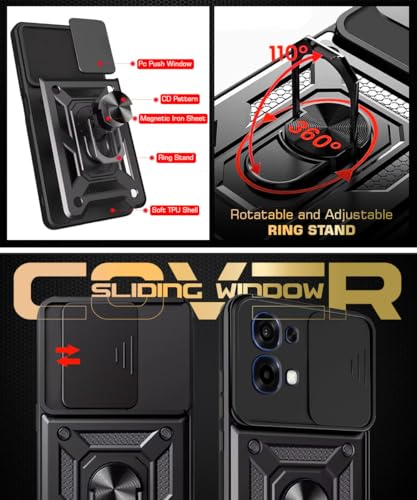 Image of WOW IMAGINE Tough Armor Bumper Mobile Back Case for Oppo A6 Pro 5G | Sliding Camera Cover | Shock Proof 360 Protection | Hybrid PC + TPU | Ring Holder with Kickstand - Black