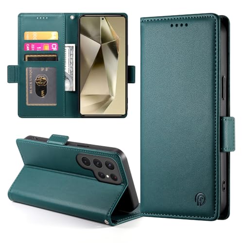 Étui portefeuille de luxe pour Samsung S22 en cuir à clapet magnétique vert foncé