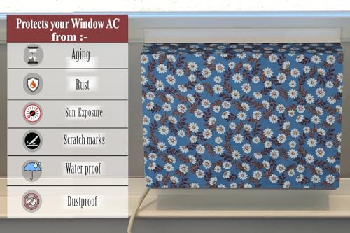 Image of The Furnishing Tree Elastic fit waterproof Polyester window ac cover suitable for Croma 1.5 Ton, Dustproof cover for inner and outer section, In CM: (55.88x71.12x45.72), Floral Pattern Blueish Grey