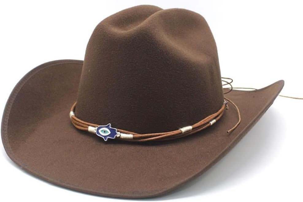 Western Cowboy Hat, White Felt with Beaded Chain Accent, Wide Brim Classic Style