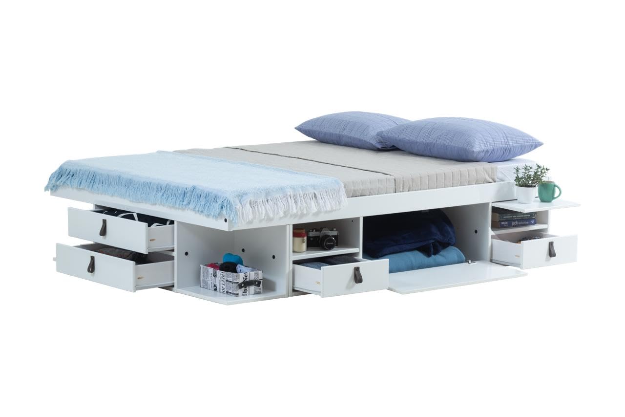 Storage Bed Bali Continental Double (140 x 200 cm) White - Double bed frame with drawers and shelves, ideal for small bedrooms - Sturdy storage platform bed of MDF lacquered - Incl. slatted frame