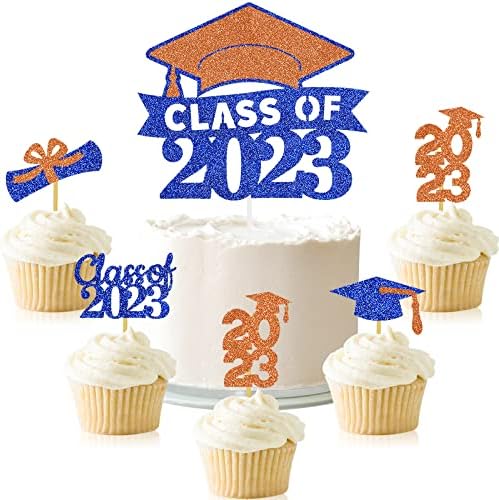 Graduation Cake Topper Congrats Grad Cupcake Toppers Kindergarten High School College University Glitter Decoration Blue Orange