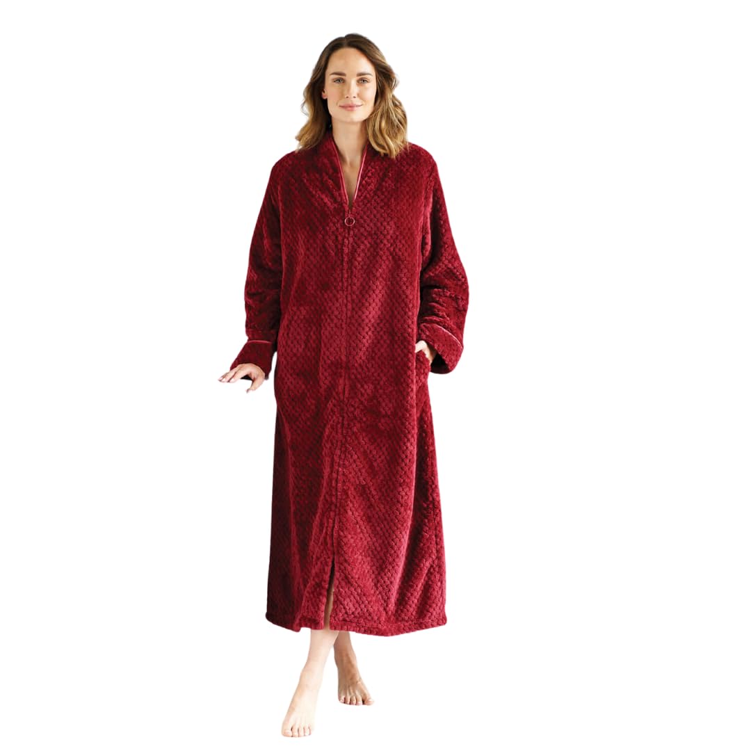 Coopers of Stortford Burgundy Waffle Velour Housecoat (UK, Alpha, L, Regular, Regular, Burgundy)
