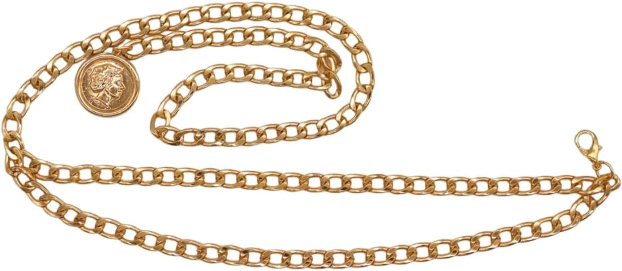 Women Fashion Belt Hip Waist Gold Metal Chain Links Wave Coin Charm Medallion Size M L XL z306