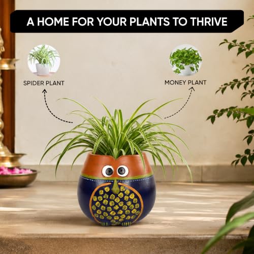 Image of AAKRITI ART CREATIONS Terracotta Planter Pot | Brown & Blue Earthen Design, Modern Art, Matte Finish | Decorative Plant Pot for Indoor & Outdoor Home Decor