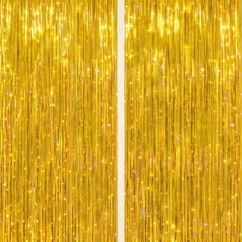 Image of DECOCKRAT 2 Pack Foil Fringe Backdrop - Laser Gold Shiny Tinsel Curtains for Party Decoration /Photo Booth Props - 3.3x6.6 FT Metallic Foil Backdrop for Birthday, Wedding, Graduation, Christmas.