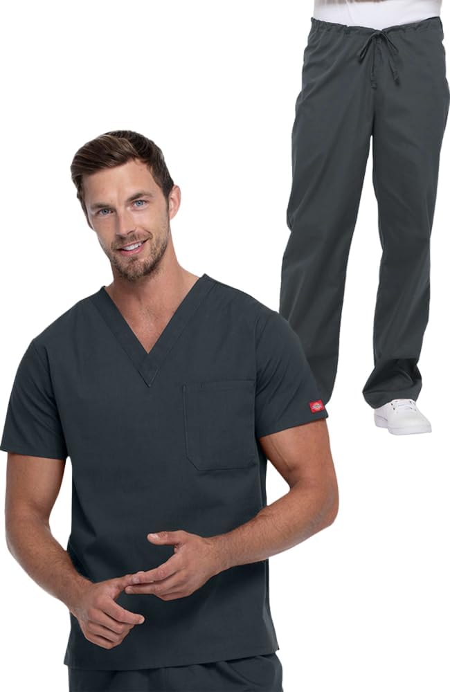 Dickies Scrub Set for Men & Women 3 Pockets, V-Neck Top 83706 and Natural Rise Drawstring Pant for Healthcare Heros 83006T, Pewter-XL Top/L Pant Tall