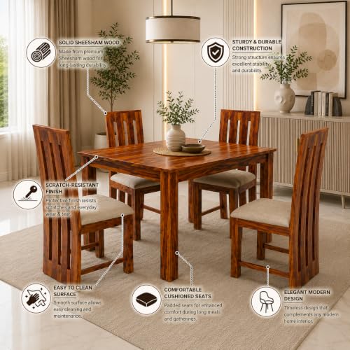 Image of Sheesham Wood 4 Seater Dining Table Set for Living Room Solid Wood Dining Table Set with 4 Chairs, Diningroom Furniture