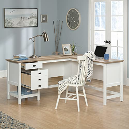 Sauder Cottage Road L-Desk, L: 65.11" X W: 58.66" X H: 29.76", Soft White Finish #TOP5