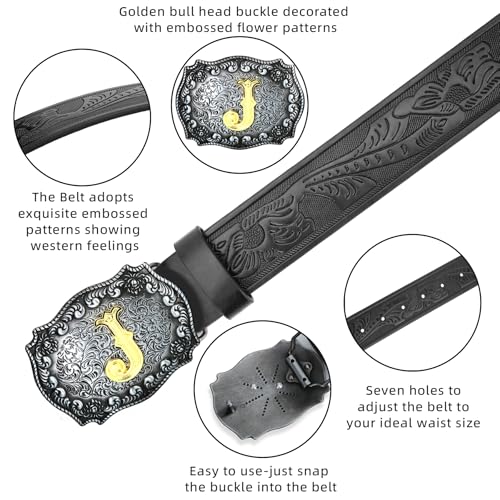 Image of Mens Western Cowboy Cowgirl Faux Leather Belt Longhorn Bull Pattern Letter Big Buckle Embossed Floral Belts
