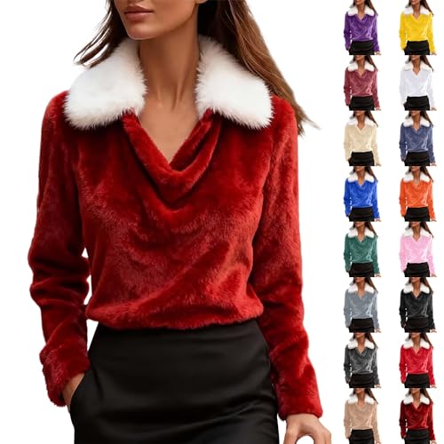 Women Faux Fur Christmas Sweater White Faux Fur Trim V Neck Xmas Sweatshirts Loose Holiday Festival Collared Pullover Furry Sherpa Funny Merry Christmas Dressy Tops，Womens Christmas Tops with Collar